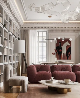 This stunning space by @tatyanamalafeeva is a masterclass in blending timeless neoclassical design with modern sophistication. Light, creamy walls create a serene backdrop, highlighting the intricate mouldings and architectural details. The deep burgundy sofa adds a bold, contemporary touch, balancing classic refinement with inviting comfort.
Subtle accents in neutral tones, combined with sculptural furniture pieces, make this room a harmonious mix of tradition and innovation. The airy chandelier adds a contemporary twist, perfectly complementing the rich textures and clean lines.
What’s your favourite element in this beautifully designed space? Let us know below! 
.
.
.
.
.
.
.
.
.
.
#thegoodpainterr #londonpainting #londonapartment #londonhouses #londoninteriordesign #londonpainter #Interiorlondon #londoninteriors#livingroominspirations #livingroomsofinstagram #livingroominteriordesign #livingroomdecorideas #livingroomdesignideas #livingroomdeco #livingroomfurniture #livingroomgoals #livingroominterior #livingroomstyling #livingroomdetails